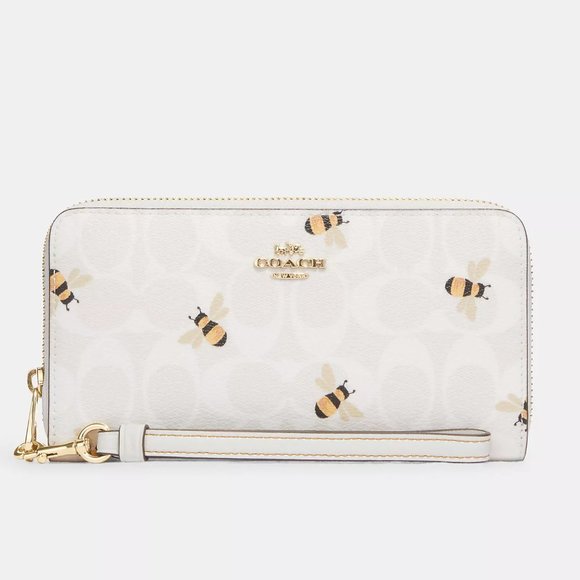 🐝 Coach Long Zip Around Wallet In Signature Canvas With Bee Print - Picture 3 of 8